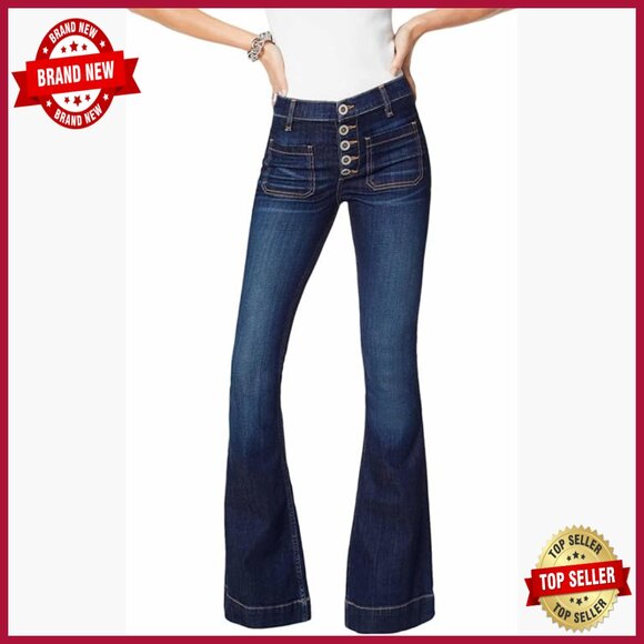 High Rise Flare Jeans with Exposed Button Detail Fitted Cotton Blend